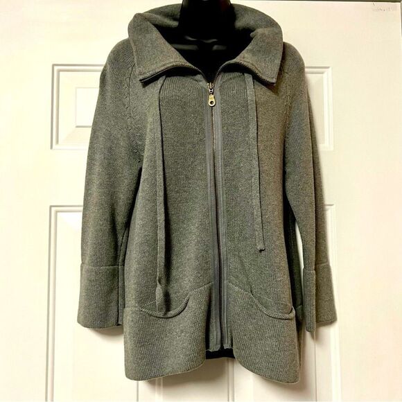 VTG 90s Once Again Gray Cotton Hi Neck Silver Exposed Zipper Cardigan Sweater S - Picture 3 of 10